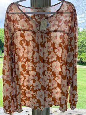 Peasant Boho Cottagecore Prairie NWT Studio West Apparel Floral Rust Top Size XL